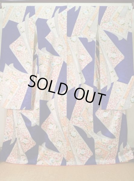 Photo2: Mint K1222K Used Japanese women  Blue FURISODE long-sleeved / Silk. Flower, book pattern  (Grade A) (2)