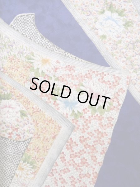 Photo4: Mint K1222K Used Japanese women  Blue FURISODE long-sleeved / Silk. Flower, book pattern  (Grade A) (4)