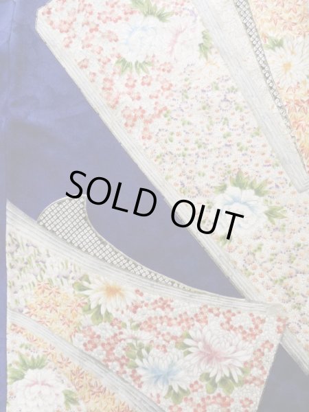 Photo6: Mint K1222K Used Japanese women  Blue FURISODE long-sleeved / Silk. Flower, book pattern  (Grade A) (6)