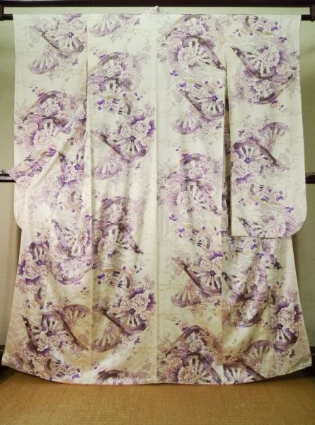 Photo1: K1222L Used Japanese women  Wisteria FURISODE long-sleeved / Silk. Peony,   (Grade B) (1)