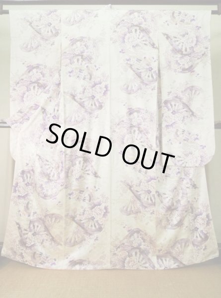 Photo1: K1222L Used Japanese women  Wisteria FURISODE long-sleeved / Silk. Peony,   (Grade B) (1)