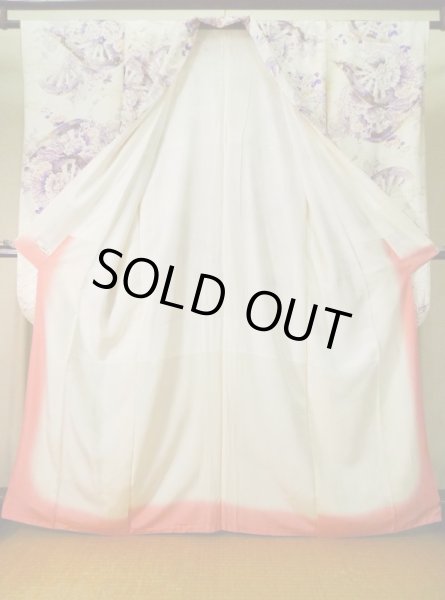 Photo3: K1222L Used Japanese women  Wisteria FURISODE long-sleeved / Silk. Peony,   (Grade B) (3)