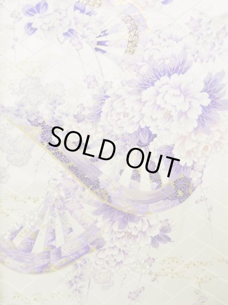 Photo4: K1222L Used Japanese women  Wisteria FURISODE long-sleeved / Silk. Peony,   (Grade B) (4)