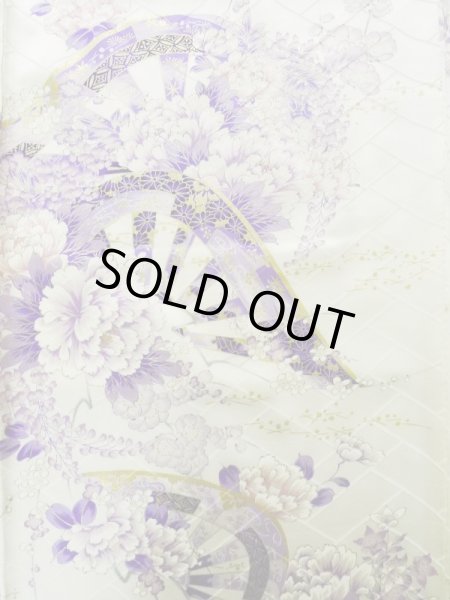 Photo5: K1222L Used Japanese women  Wisteria FURISODE long-sleeved / Silk. Peony,   (Grade B) (5)