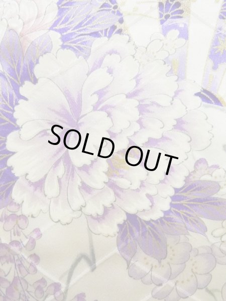 Photo7: K1222L Used Japanese women  Wisteria FURISODE long-sleeved / Silk. Peony,   (Grade B) (7)
