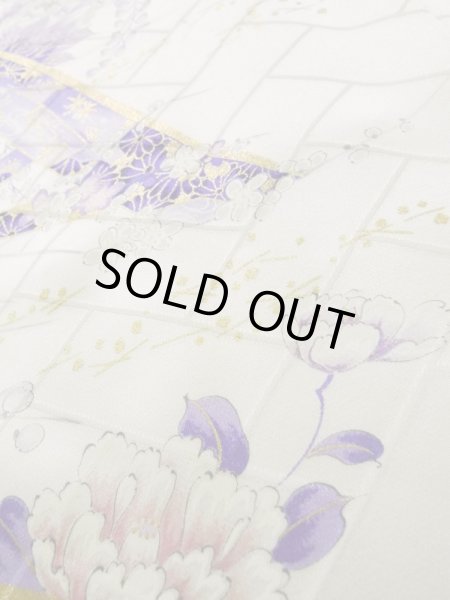 Photo12: K1222L Used Japanese women  Wisteria FURISODE long-sleeved / Silk. Peony,   (Grade B) (12)