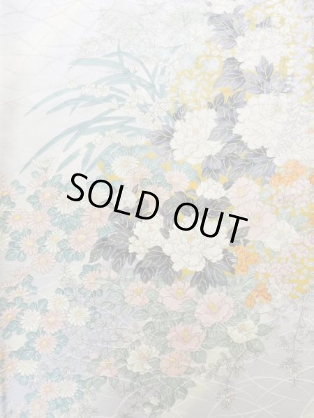 Photo5: K1222M Used Japanese womenLight  Wisteria FURISODE long-sleeved / Silk. Peony,   (Grade C) (5)