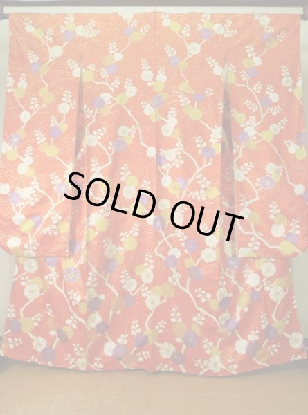 Photo2: Mint K1222O Used Japanese women  Orange FURISODE long-sleeved / Silk. UME plum bloom,   (Grade A) (2)