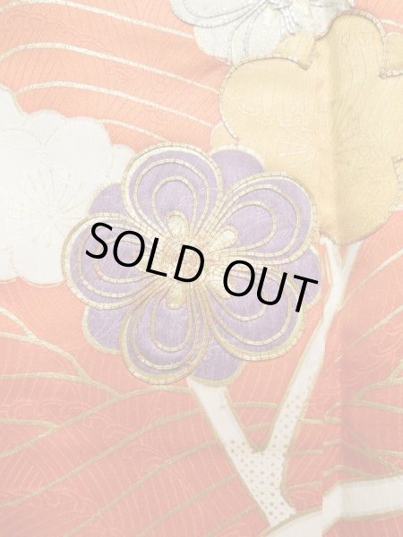 Photo6: Mint K1222O Used Japanese women  Orange FURISODE long-sleeved / Silk. UME plum bloom,   (Grade A) (6)