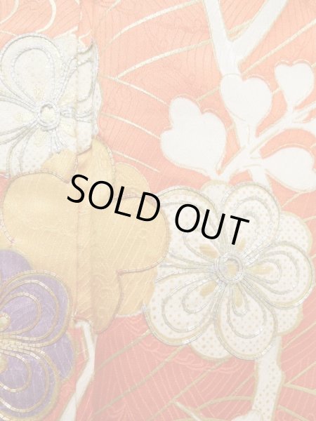 Photo7: Mint K1222O Used Japanese women  Orange FURISODE long-sleeved / Silk. UME plum bloom,   (Grade A) (7)