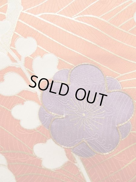 Photo8: Mint K1222O Used Japanese women  Orange FURISODE long-sleeved / Silk. UME plum bloom,   (Grade A) (8)