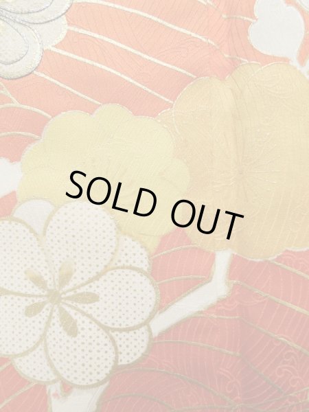 Photo9: Mint K1222O Used Japanese women  Orange FURISODE long-sleeved / Silk. UME plum bloom,   (Grade A) (9)