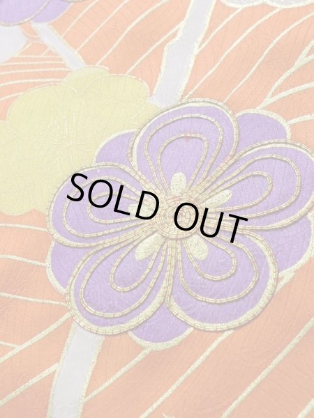 Photo10: Mint K1222O Used Japanese women  Orange FURISODE long-sleeved / Silk. UME plum bloom,   (Grade A) (10)