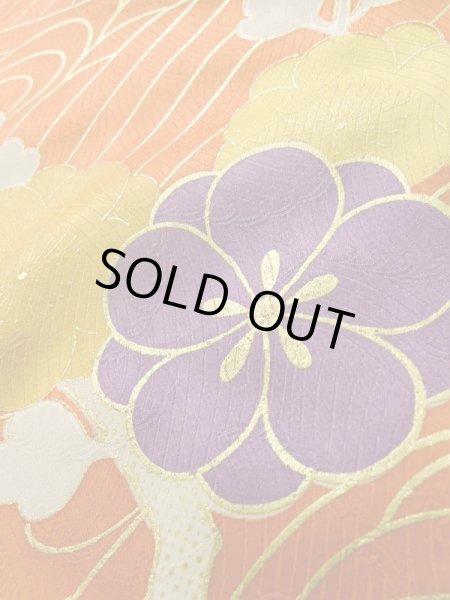 Photo11: Mint K1222O Used Japanese women  Orange FURISODE long-sleeved / Silk. UME plum bloom,   (Grade A) (11)
