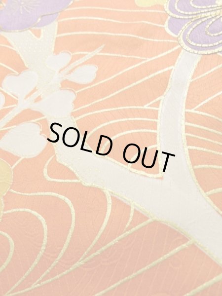 Photo12: Mint K1222O Used Japanese women  Orange FURISODE long-sleeved / Silk. UME plum bloom,   (Grade A) (12)