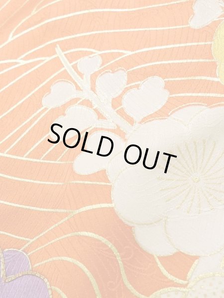 Photo13: Mint K1222O Used Japanese women  Orange FURISODE long-sleeved / Silk. UME plum bloom,   (Grade A) (13)