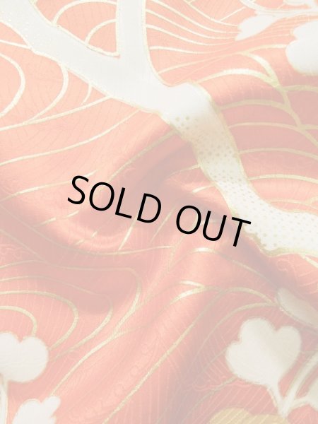 Photo14: Mint K1222O Used Japanese women  Orange FURISODE long-sleeved / Silk. UME plum bloom,   (Grade A) (14)