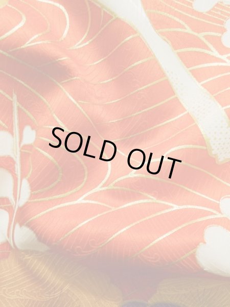 Photo15: Mint K1222O Used Japanese women  Orange FURISODE long-sleeved / Silk. UME plum bloom,   (Grade A) (15)