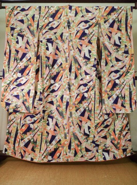 Photo2: K1222P Used Japanese women  Blue FURISODE long-sleeved / Silk. Peony, Bundle of Ribbons  (Grade B) (2)