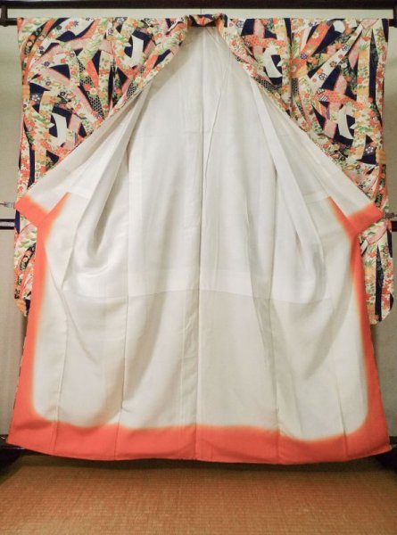 Photo3: K1222P Used Japanese women  Blue FURISODE long-sleeved / Silk. Peony, Bundle of Ribbons  (Grade B) (3)