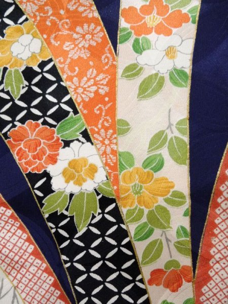 Photo11: K1222P Used Japanese women  Blue FURISODE long-sleeved / Silk. Peony, Bundle of Ribbons  (Grade B) (11)