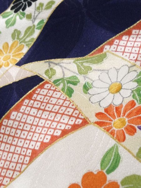 Photo14: K1222P Used Japanese women  Blue FURISODE long-sleeved / Silk. Peony, Bundle of Ribbons  (Grade B) (14)