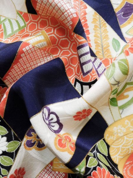 Photo18: K1222P Used Japanese women  Blue FURISODE long-sleeved / Silk. Peony, Bundle of Ribbons  (Grade B) (18)