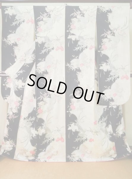 Photo1: K1222R Used Japanese women  Black FURISODE long-sleeved / Silk. Flower,   (Grade B) (1)