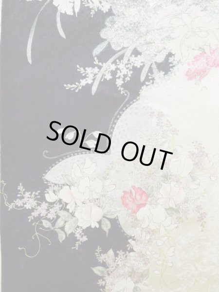 Photo4: K1222R Used Japanese women  Black FURISODE long-sleeved / Silk. Flower,   (Grade B) (4)