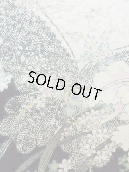 Photo8: K1222R Used Japanese women  Black FURISODE long-sleeved / Silk. Flower,   (Grade B) (8)