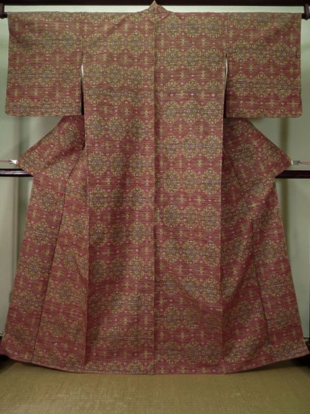 Photo1: L0126M Used Japanese womenSmoky Pale Vermilion ORI woven / Silk. Geometrical pattern,   (Grade B) (1)