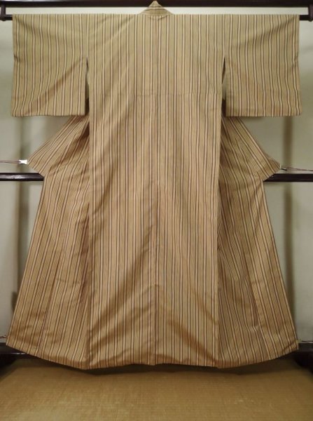 Photo1: L0126P Used Japanese womenSmoky Pale Cream ORI woven / Silk. Stripes,   (Grade B) (1)