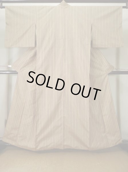 Photo1: L0126P Used Japanese womenSmoky Pale Cream ORI woven / Silk. Stripes,   (Grade B) (1)