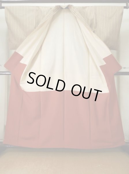 Photo2: L0126P Used Japanese womenSmoky Pale Cream ORI woven / Silk. Stripes,   (Grade B) (2)