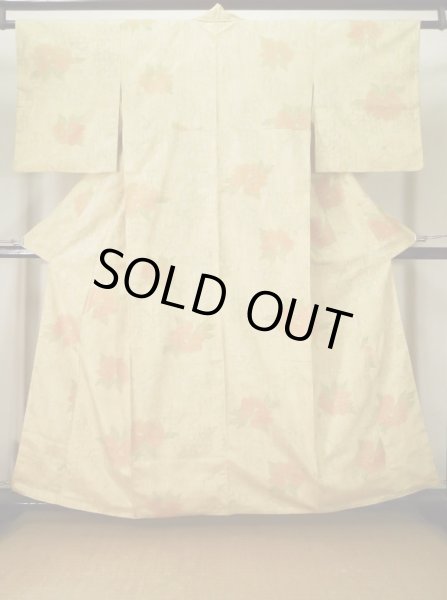 Photo1: L0126Q Used Japanese womenPale  Cream TOKAMACHI TSUMUGI pongee / Silk. Flower,   (Grade A) (1)