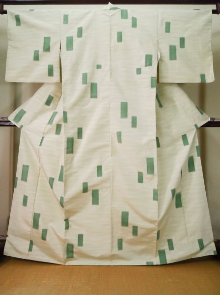 Photo1: L0126V Used Japanese womenSmoky Sharbet Green ORI woven / Silk. Quadrangle,   (Grade C) (1)