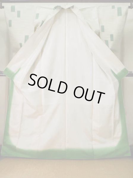 Photo2: L0126V Used Japanese womenSmoky Sharbet Green ORI woven / Silk. Quadrangle,   (Grade C) (2)