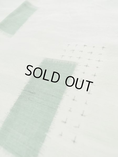 Photo11: L0126V Used Japanese womenSmoky Sharbet Green ORI woven / Silk. Quadrangle,   (Grade C) (11)