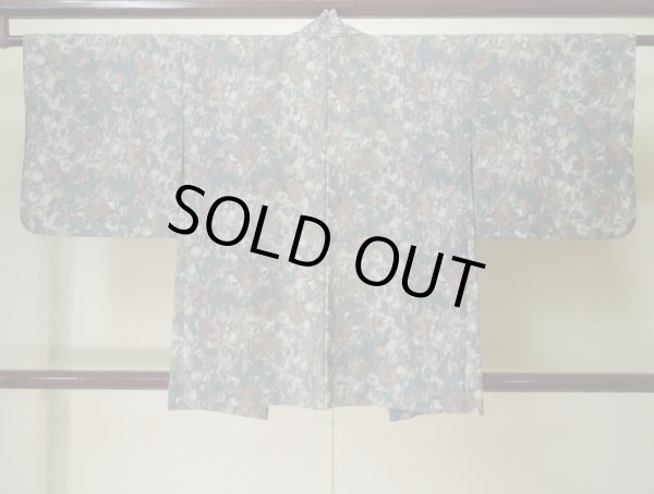Photo2: L0202A Used Japanese womenSmoky Pale Teal HAORI short jacket / Synthetic. Flower,   (Grade B) (2)