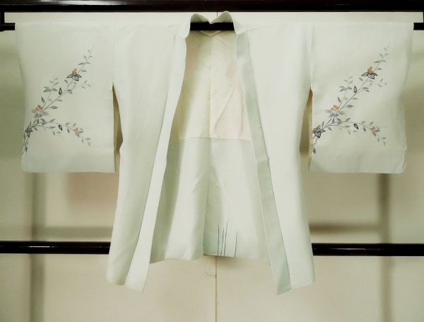 Photo1: L0202H Used Japanese womenHeather Grayish Pale Blue HAORI short jacket / Silk. Flower,   (Grade C) (1)