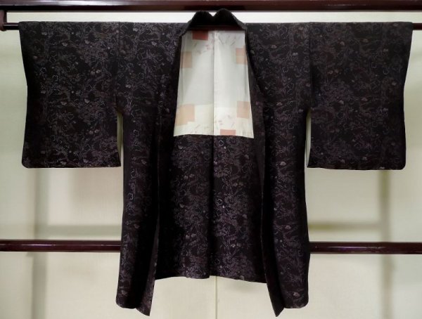 Photo1: L0203B Used Japanese women  Black HAORI short jacket / Silk. Flower,   (Grade B) (1)