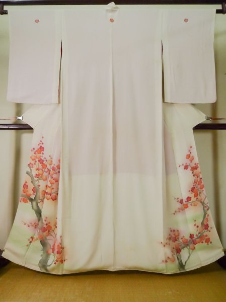 Photo1: L0204A Used Japanese women  White TOMESODE formal / Silk. UME plum bloom,   (Grade C) (1)