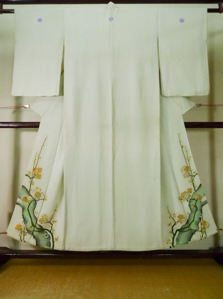 Photo1: L0204B Used Japanese womenLight Sharbet Teal TOMESODE formal / Silk. UME plum bloom   (Grade D) (1)