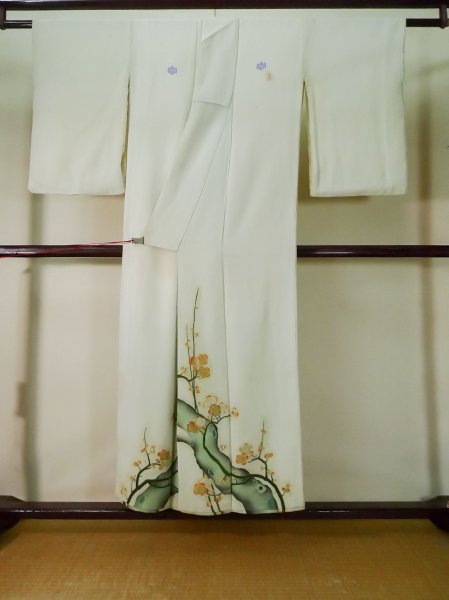 Photo2: L0204B Used Japanese womenLight Sharbet Teal TOMESODE formal / Silk. UME plum bloom   (Grade D) (2)