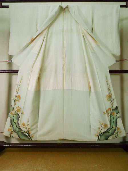 Photo3: L0204B Used Japanese womenLight Sharbet Teal TOMESODE formal / Silk. UME plum bloom   (Grade D) (3)