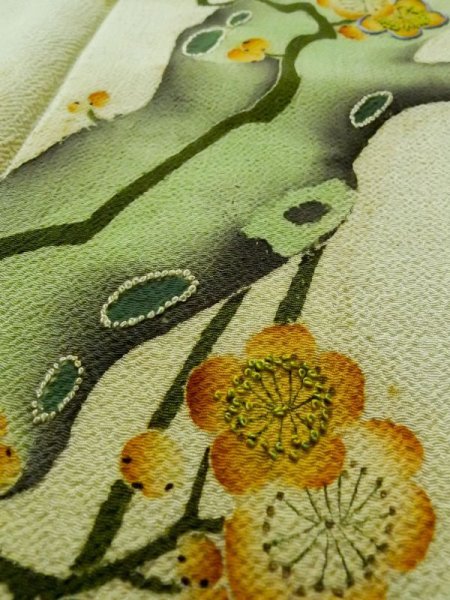Photo13: L0204B Used Japanese womenLight Sharbet Teal TOMESODE formal / Silk. UME plum bloom   (Grade D) (13)