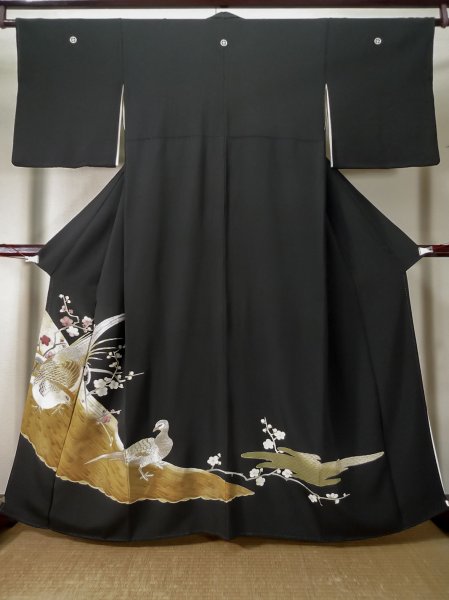 Photo1: L0204I Used Japanese women  Black TOMESODE formal / Silk. UME plum bloom, Mist pattern, Japanese pheasant motif  (Grade B) (1)