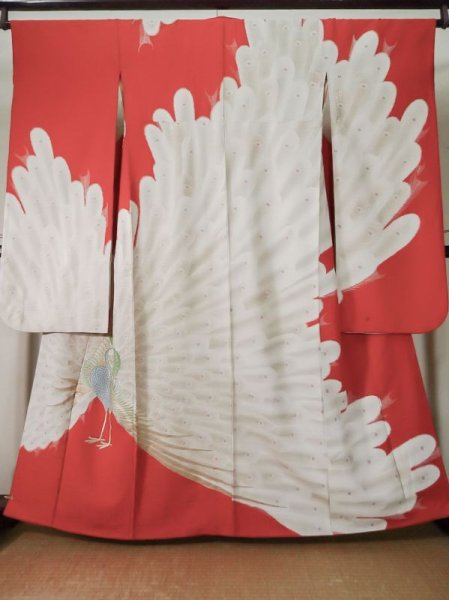 Photo1: L0204K Used Japanese women  Vermilion FURISODE long-sleeved / Silk. Peacock   (Grade C) (1)