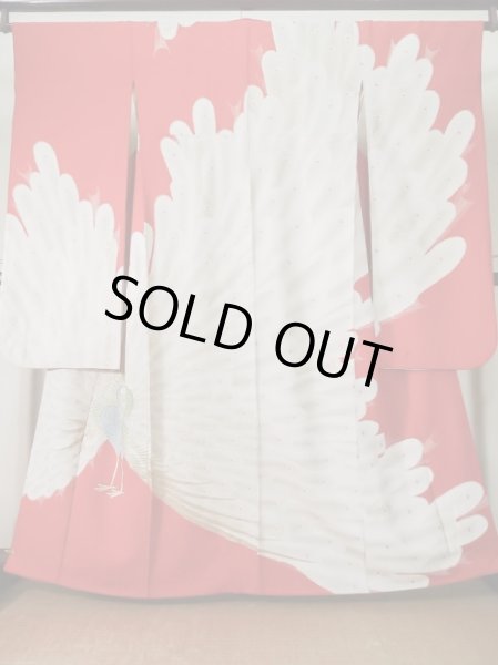 Photo1: L0204K Used Japanese women  Vermilion FURISODE long-sleeved / Silk. Peacock   (Grade C) (1)