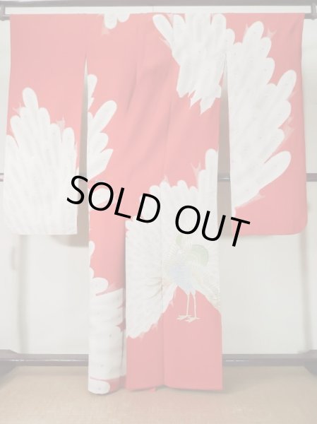 Photo3: L0204K Used Japanese women  Vermilion FURISODE long-sleeved / Silk. Peacock   (Grade C) (3)